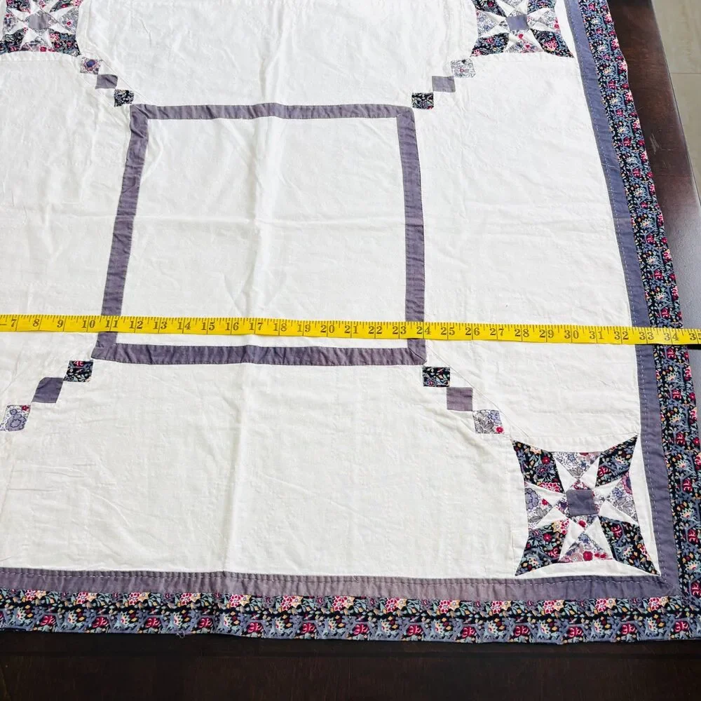 VTG Handmade Patchwork Star Quilt Table Topper Cream Lavender 34X34 Cottagecore